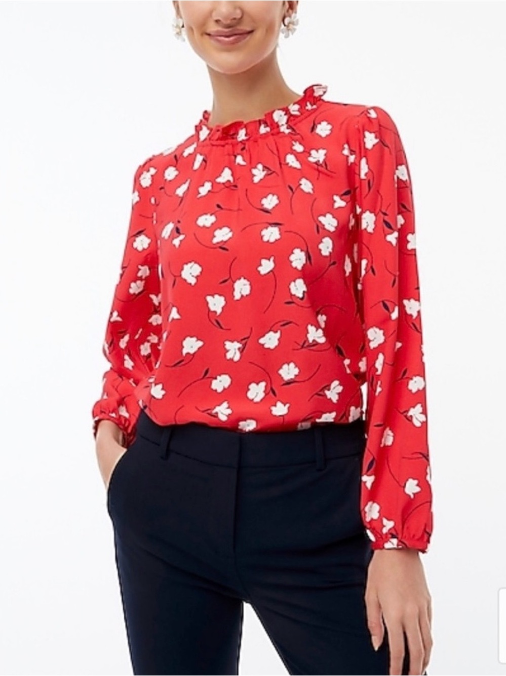 J. CREW | Red and White Floral‎ Print Ruffle Detail Blouse Top Sz. Medium Preppy